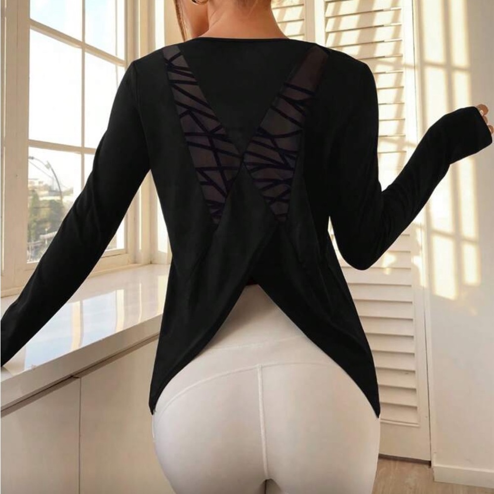 Geometric Mesh Paneled Tulip Back Long Sleeve Top
